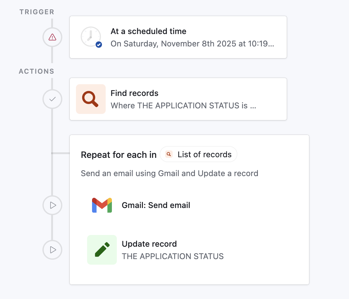 Airtable Email automation example, sending an email to each accepted participant