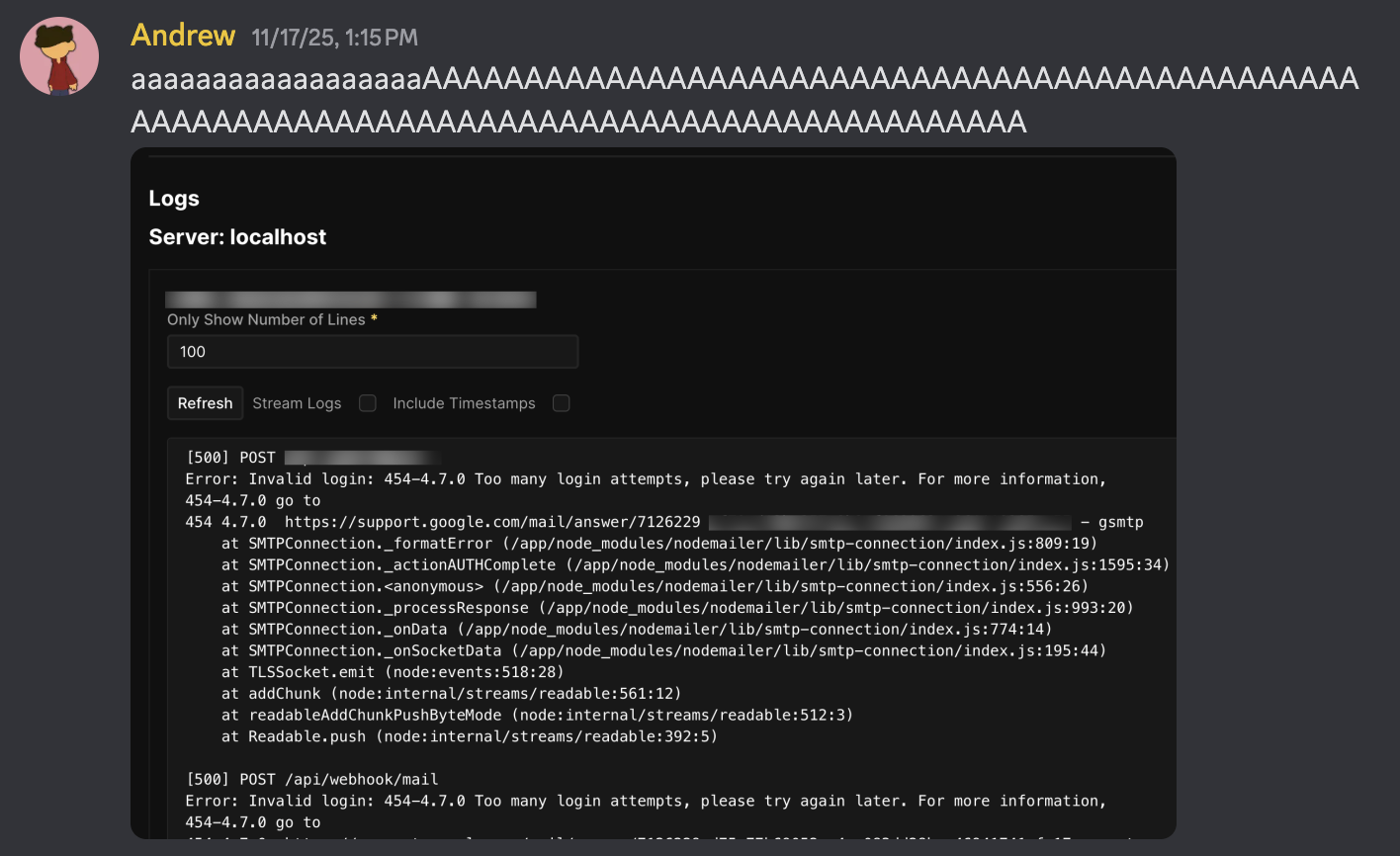Discord screenshot of Andrew sending a console full of errors with the caption 'AAAAAAAAA'