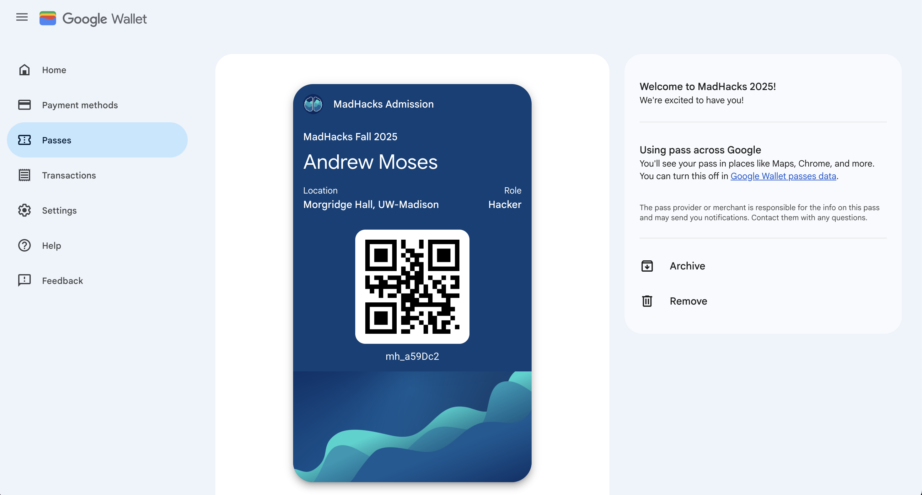 Google Wallet webpage screenshot with a MadHacks pass