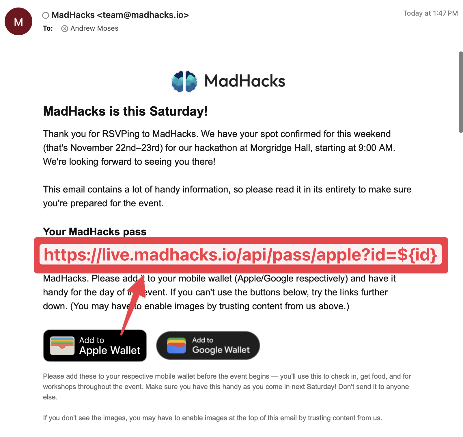 Email from MadHacks with the 'Add to Apple Wallet' button and an arrow showing the string templating