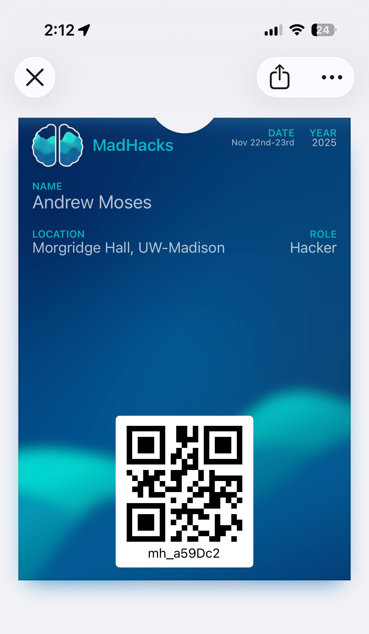 iPhone screenshot of a MadHacks demo pass