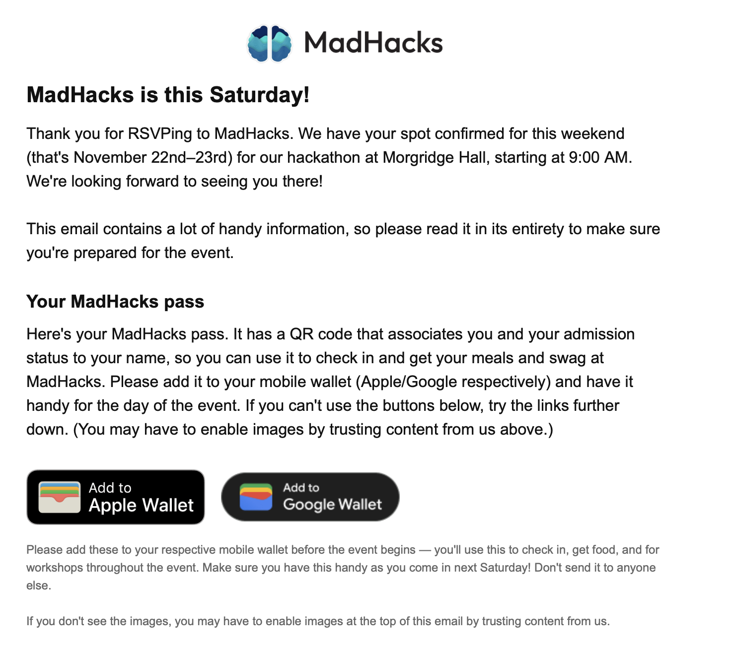 MadHacks email with information for participants attending the event