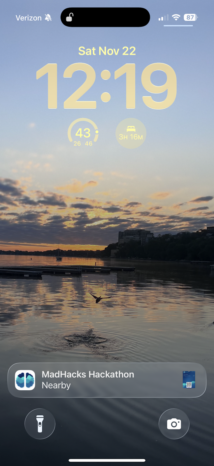 iPhone screenshot reading 'MadHacks Hackathon, Nearby'