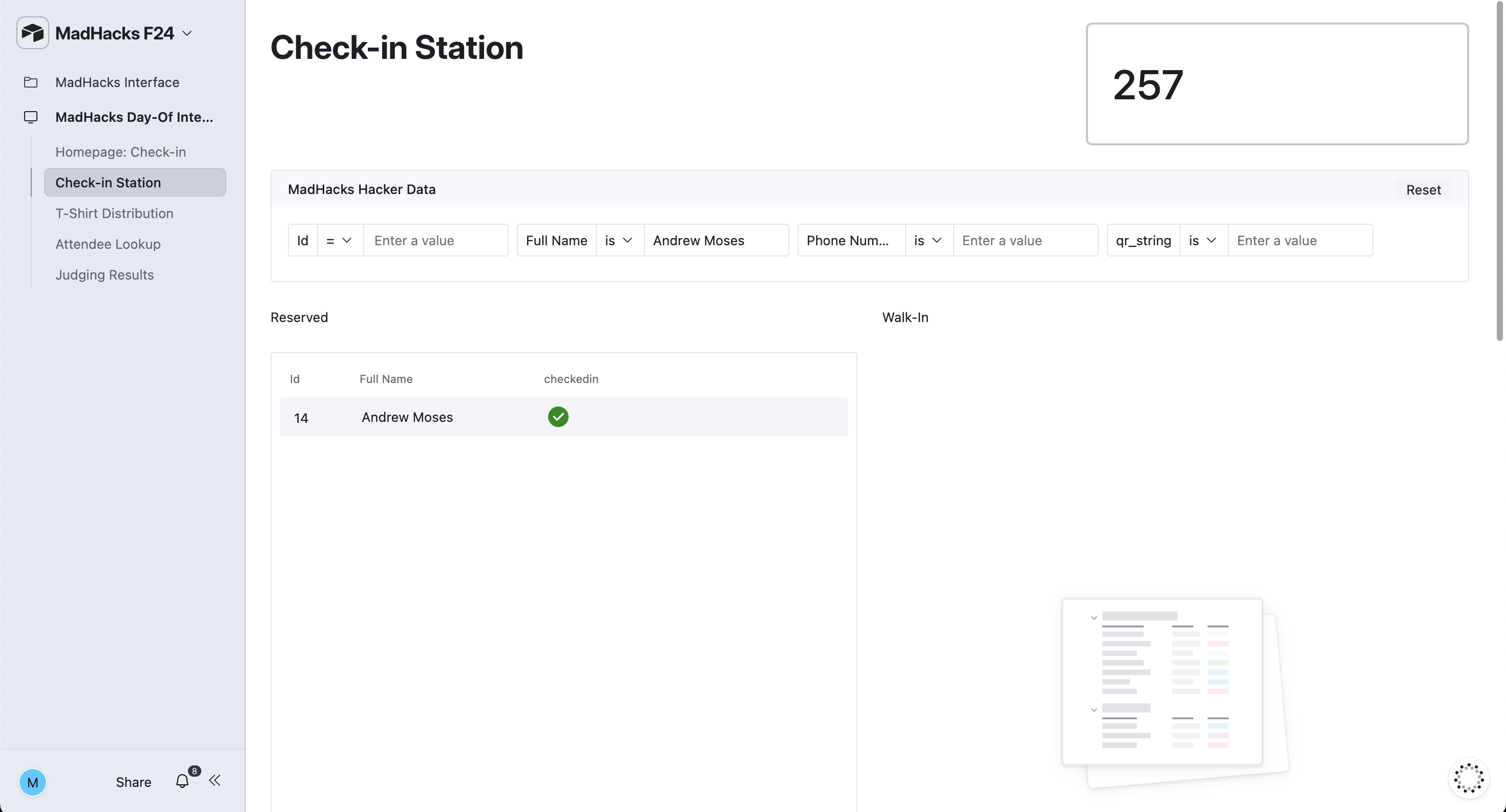 AirTable screenshot of a dashboard reading 'Check-in Station'