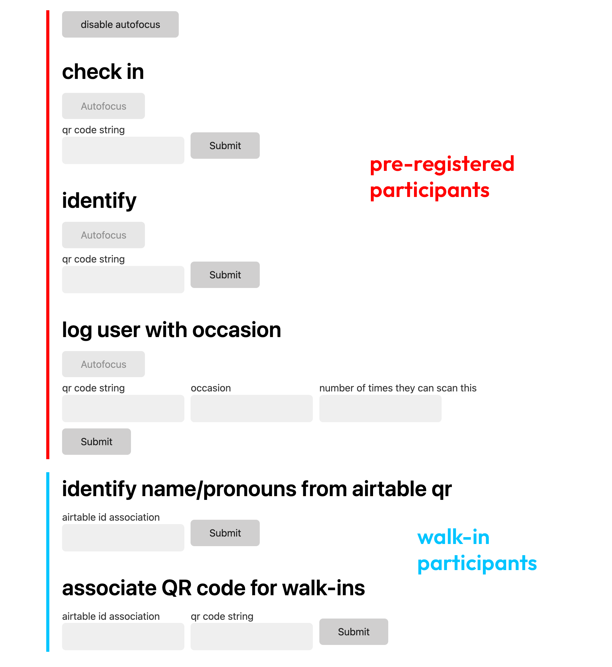 Screenshot: webpage with check-in features reading 'check in', 'identify', 'log user with occasion', 'identify name and pronouns from Airtable QR', and 'associate QR code for walk-ins'