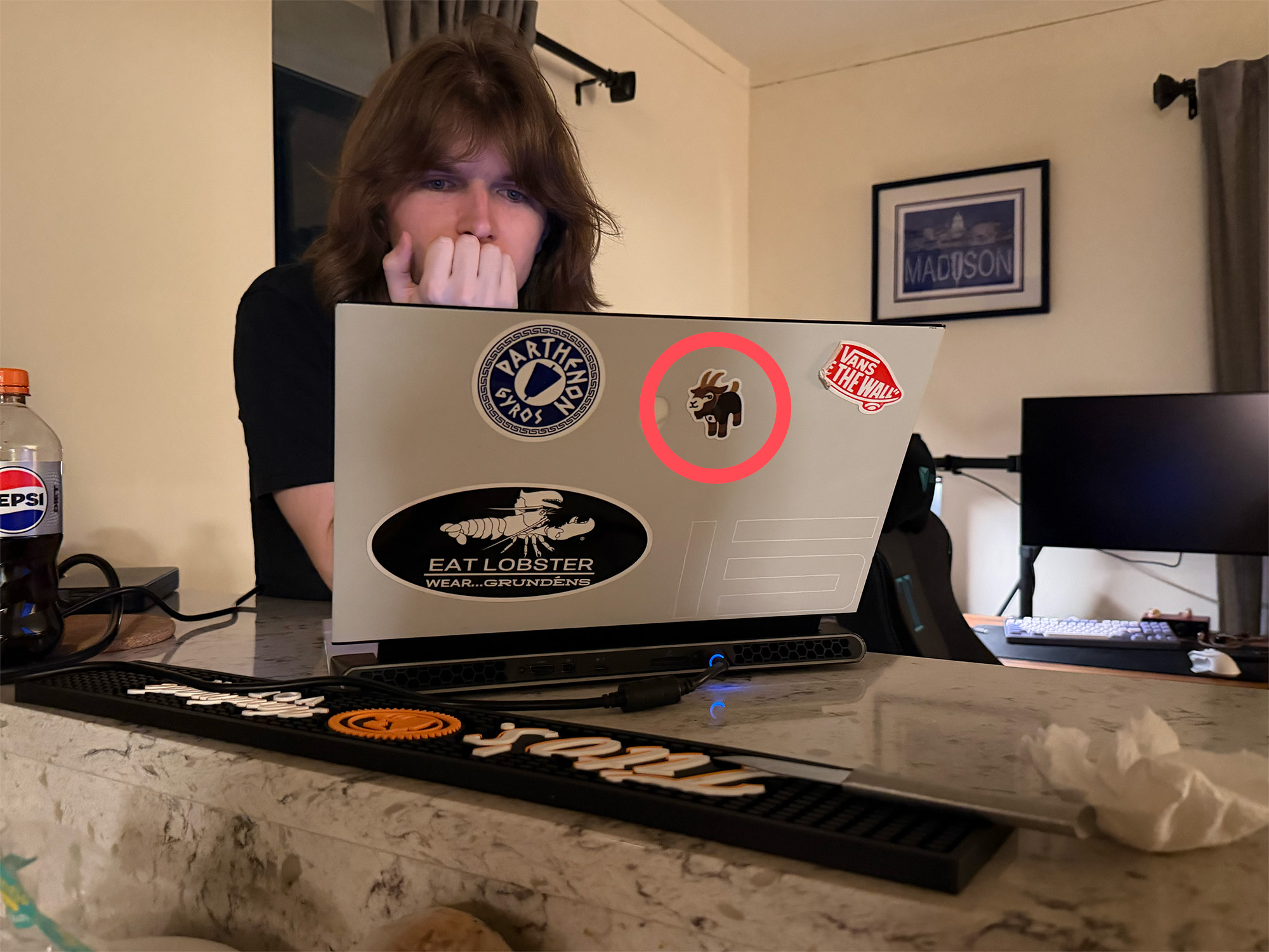 Goatpenguin sticker on Noah's laptop