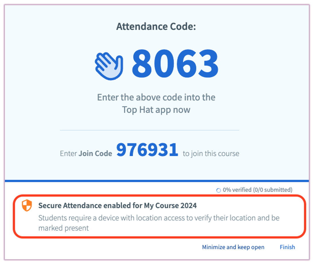 TopHat's attendance code feature showing secure attendance enabled