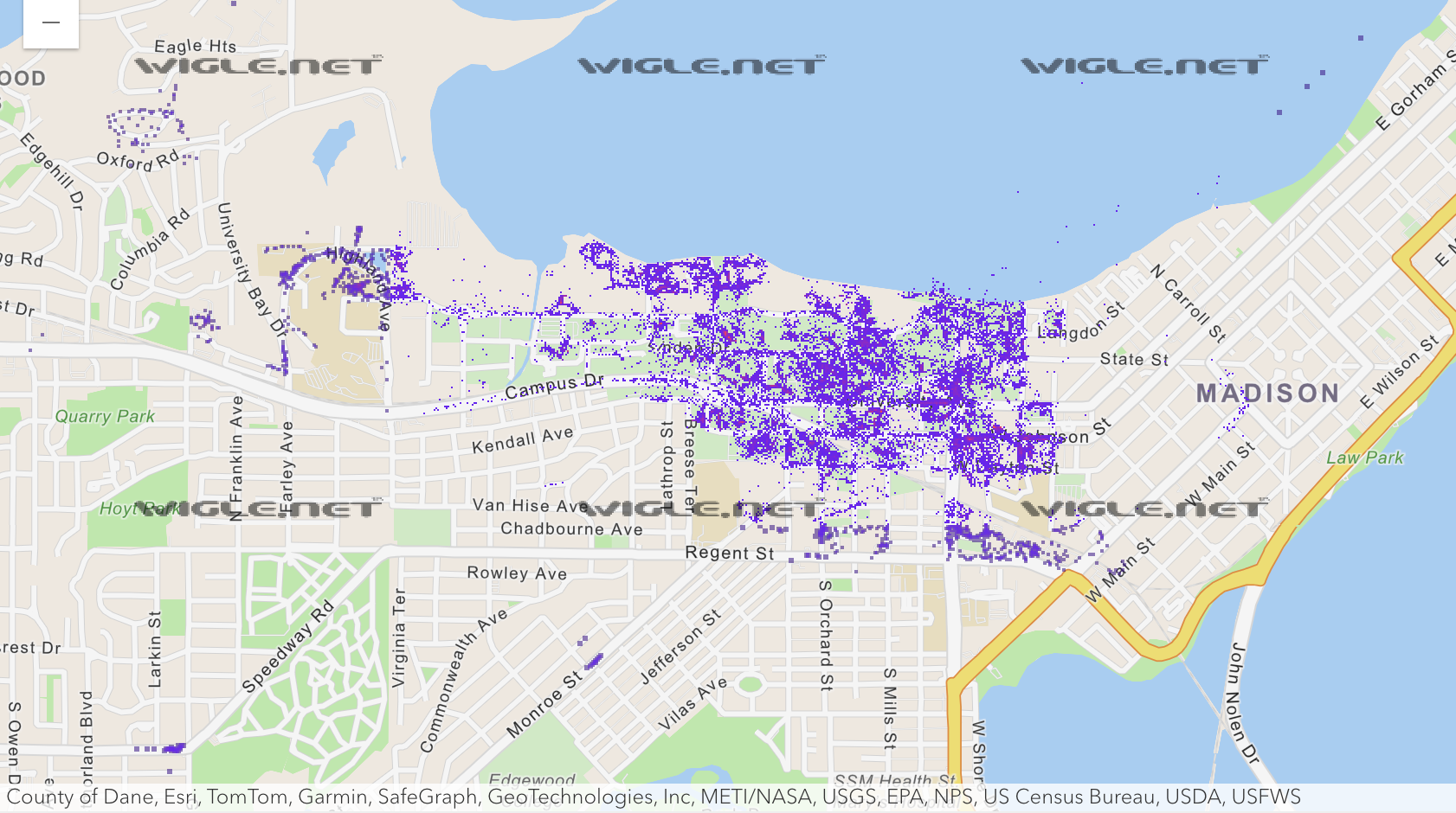 A map of Madison, Wisconsin, with a purple hotspot over the downtown area